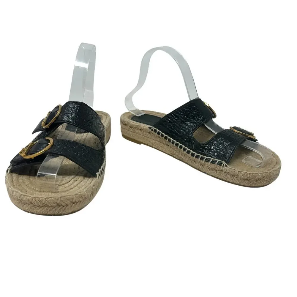 Tory Burch Selby‎ Patent Leather Espadrille Slide Sandals Black Size US 6.5